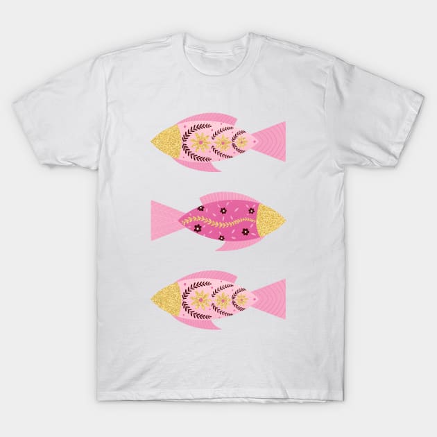 Pink and gold floral fishes T-Shirt by Home Cyn Home 